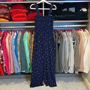 Kayleigh navy/red/white sailboat print sleeveless smocked jumpsuit size S